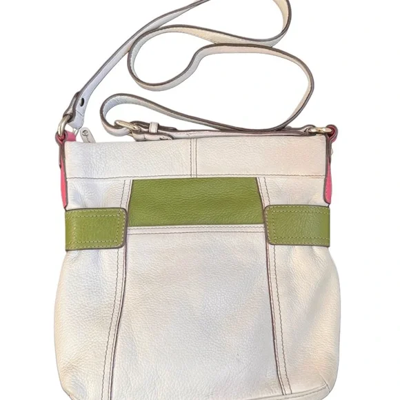 Tignanello White w/Pink/Green Trim Leather Crossbody Bag - Picture 2 of 5